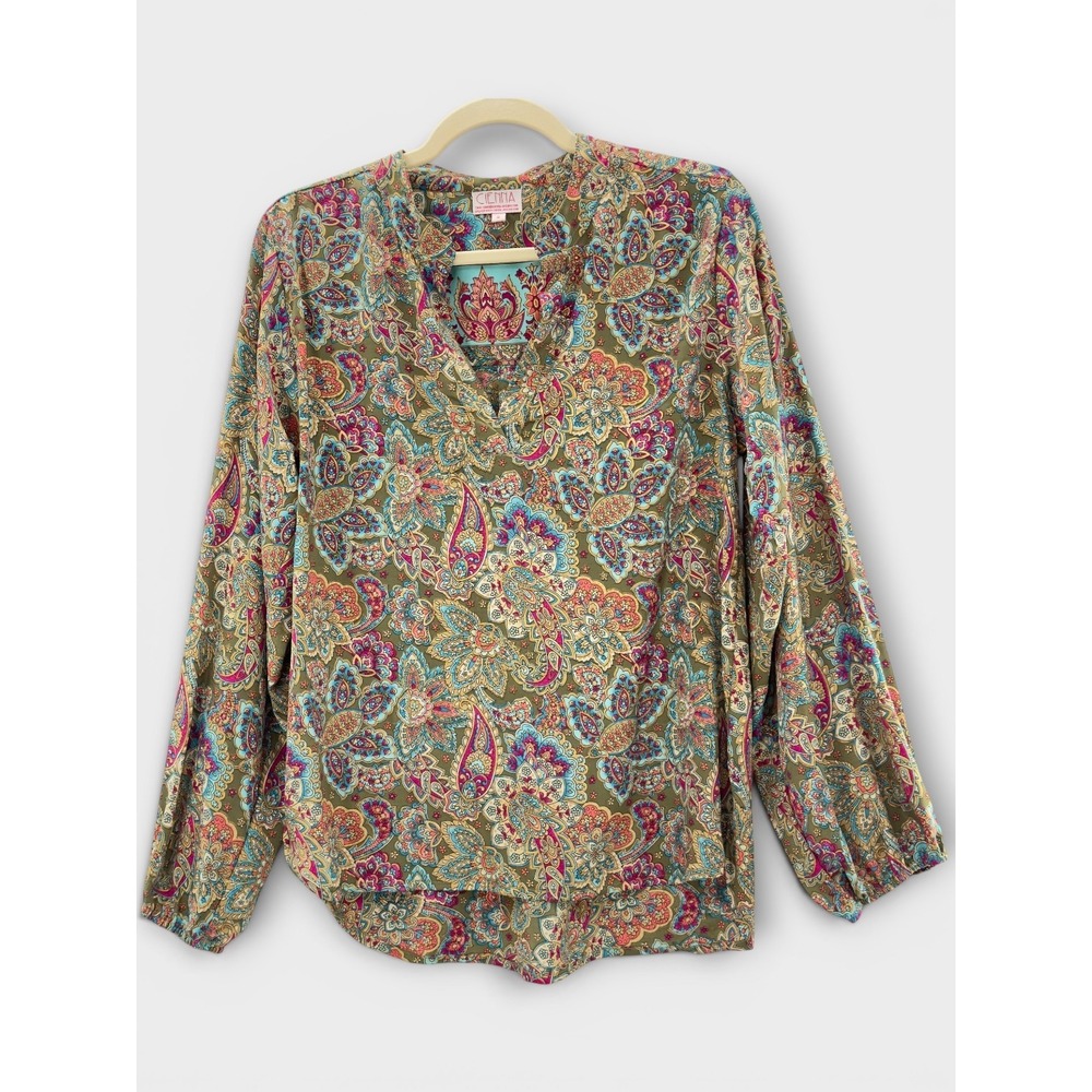 Cienna Boho Paisley Tunic Top Silk Blend Festival Hippie Peasant Small Gypsy